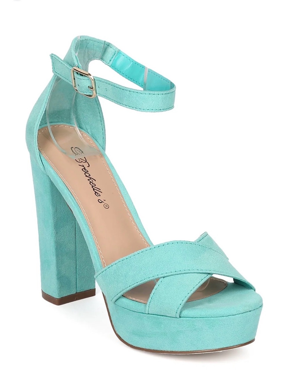 Turquoise Suede Platform Block Heel Sandals Ankle Strap | Size 6